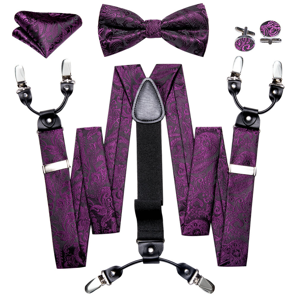 Bow Tie Pre Tied - メンズパンツ用サスペンダー、絶妙なプラムパープルの花柄ジャカード、プレボウタイ、ハンカチ、カフスボタンセット、デザイナー製