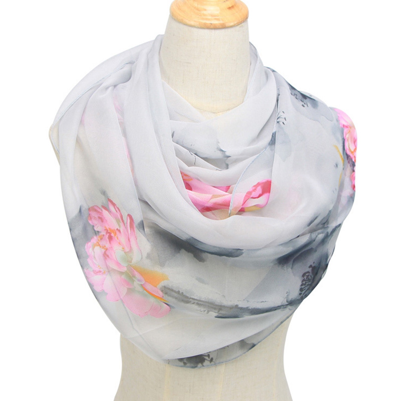 Face Scarf Mask - ファッション女性の超薄型ロングシフォンフラワープリントシルクスカーフ春ポリエステル蓮パターンソフト日焼けショールスカーフN49