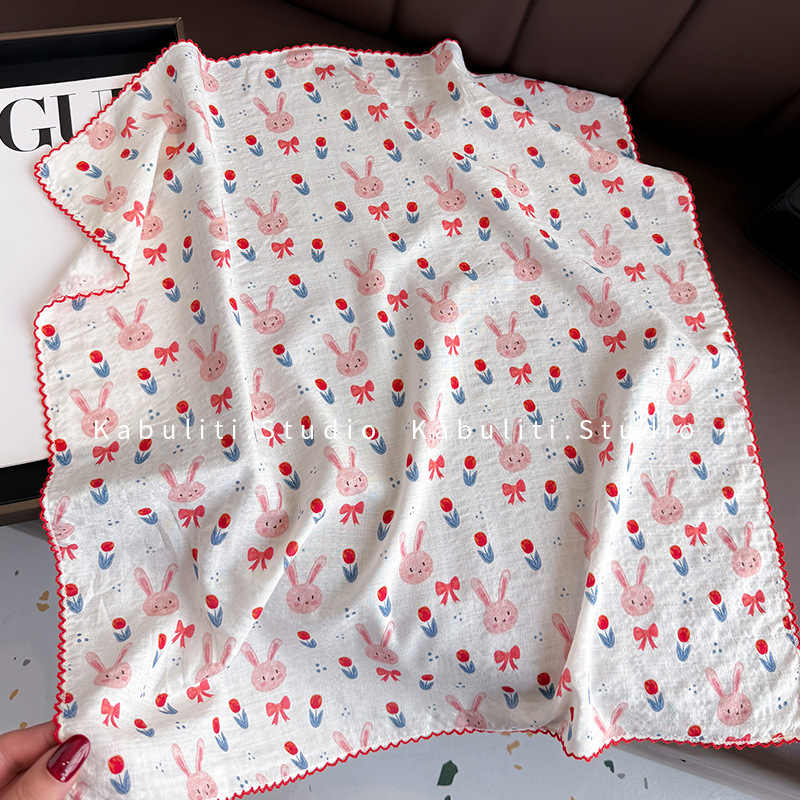 コットンリネンスクエアスカーフ 58cm 花柄プリント 高品 - Face Scarf Mask のレビューと価格